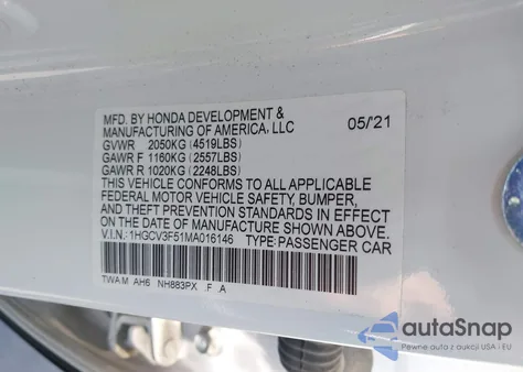 2021 Honda Accord Hybrid Ex-L z USA, uszkodzony, nr VIN 1HGCV3F51MA016146